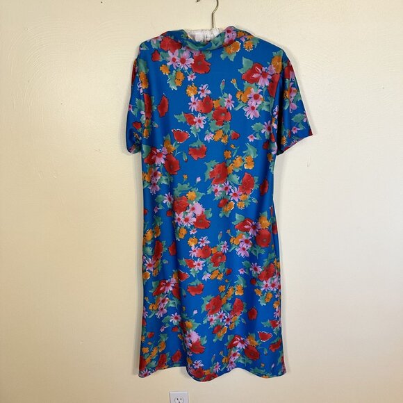 Vtg Womens Blue Floral MuMu Short Sleeve Shift Dress Pockets Multicolor  80s - Picture 2 of 8